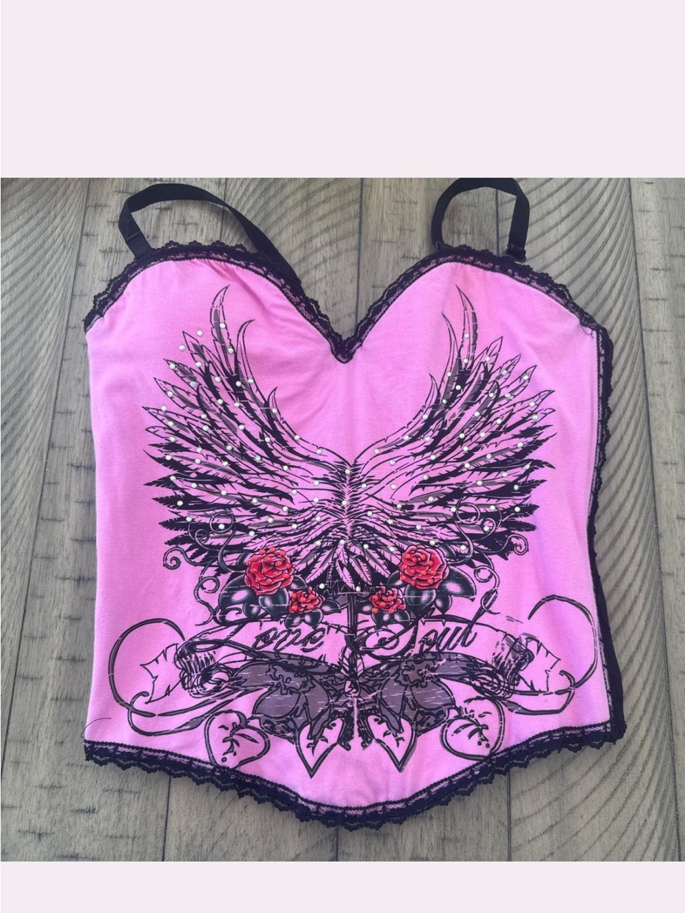Dolls Kill Pink Lace-Trim Angel Wing Graphic Cami